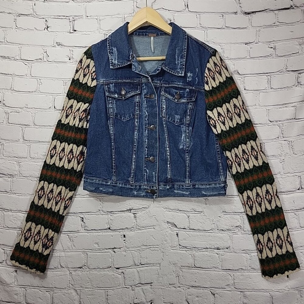Free People Jean Jacket Boho Sweater Sleeves Distressed Womens Size M
